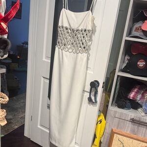 Retrofete floor length dress in white with crystal midriff embellishments.ll